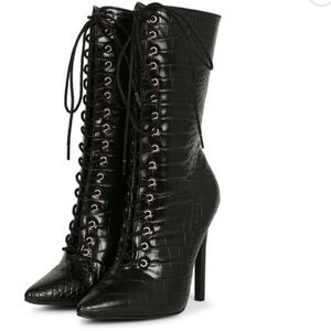 Pointed Lace-Up Mid Calf Crocodile Heeled Boot 
Size 7